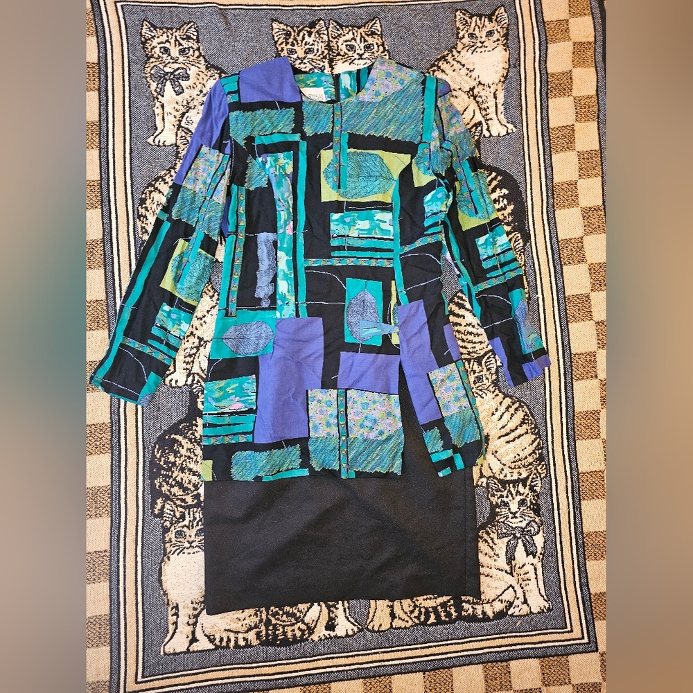 Vintage dress K.C. Spencer artsy multicolored design art to wear office earthy